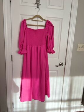 SHEIN Hot Pink Smocked Puff-Sleeve Midi Dress